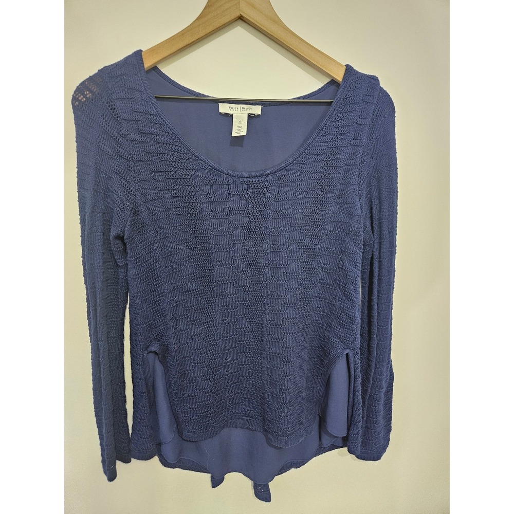 White House Black Market Navy Blue Textured Knit Layered Split Back Top‎ Small